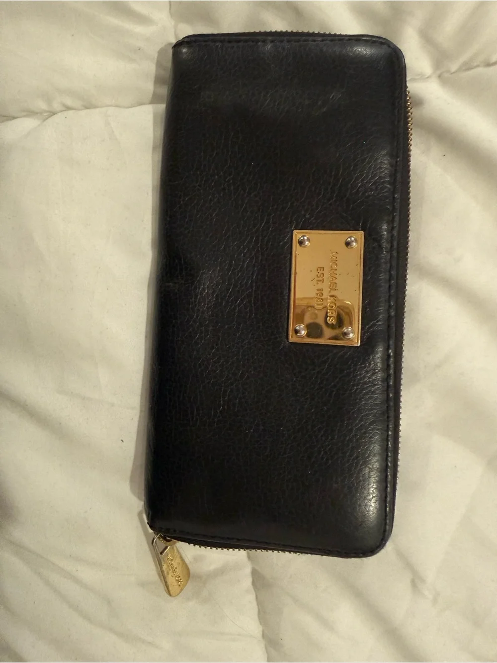 Michael Kors Black Leather Zip Wallet with Gold Plaque